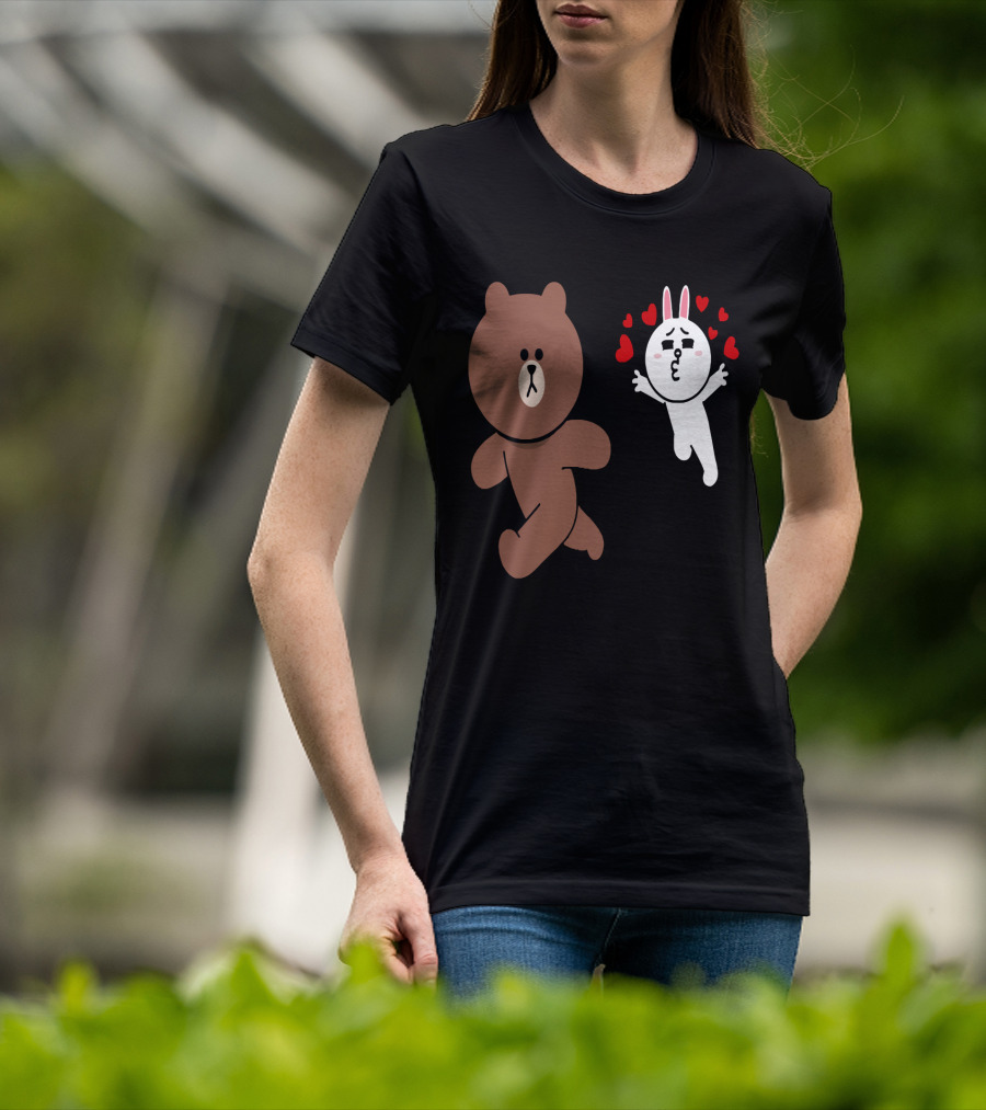 Cute Brown Bear Cony Bunny Rabbit Love Hearts Chase Valentine's Day Run T-Shirt