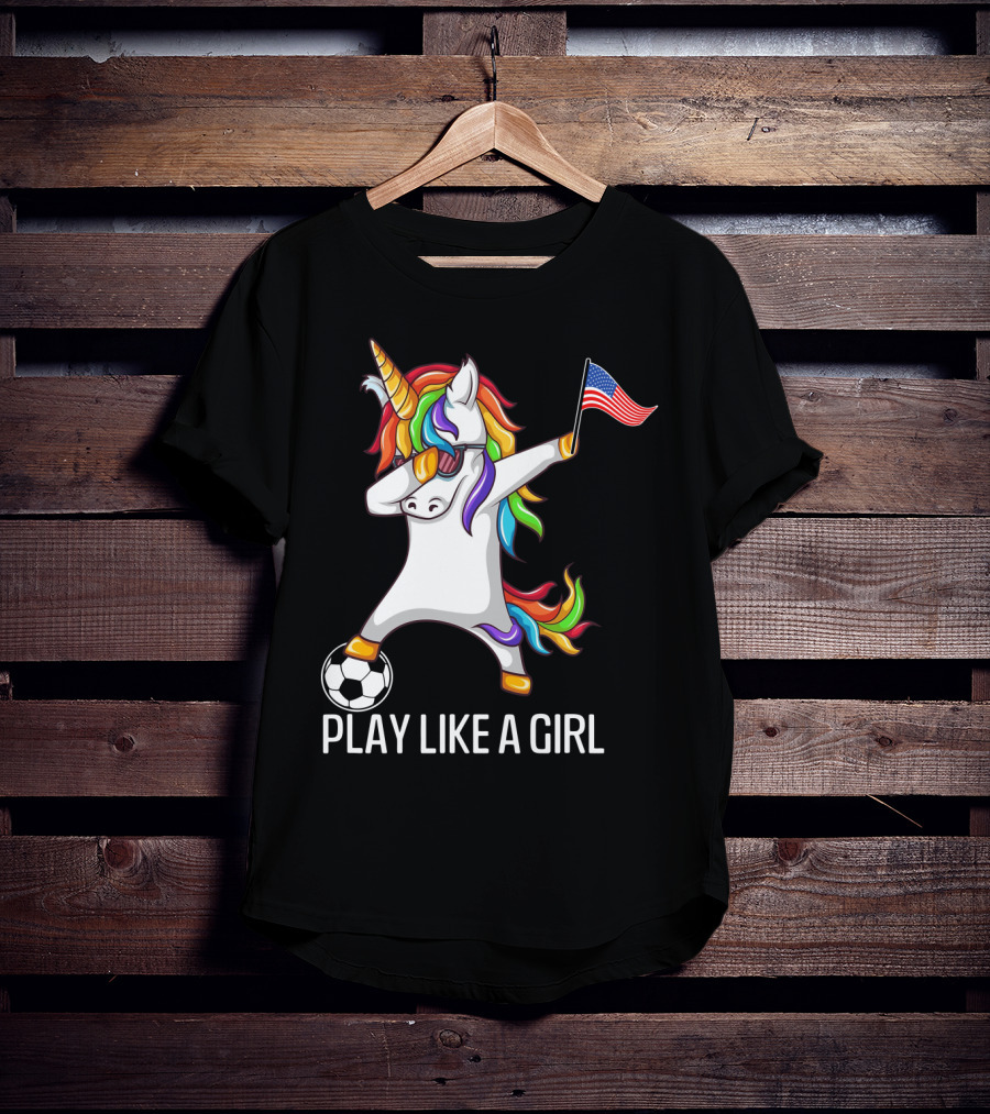 Dabbing Unicorn Play Like A Girl USA Soccer T-Shirt
