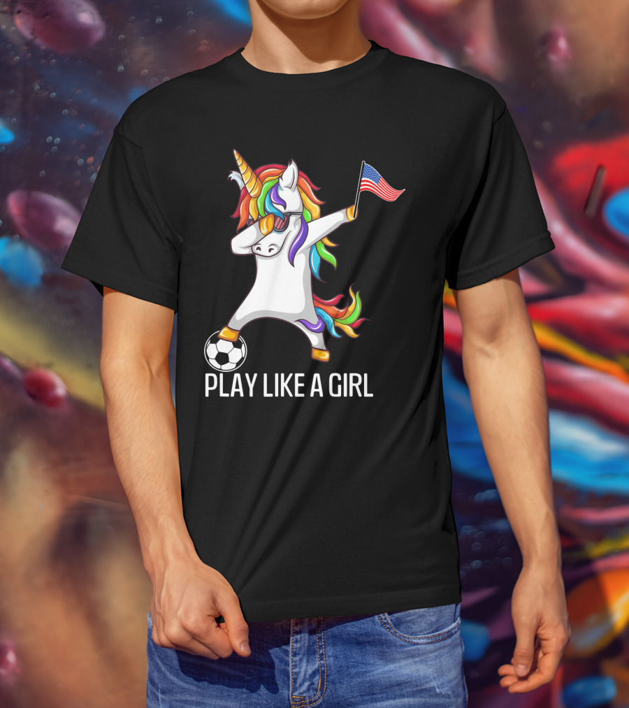 Dabbing Unicorn Play Like A Girl USA Soccer T-Shirt
