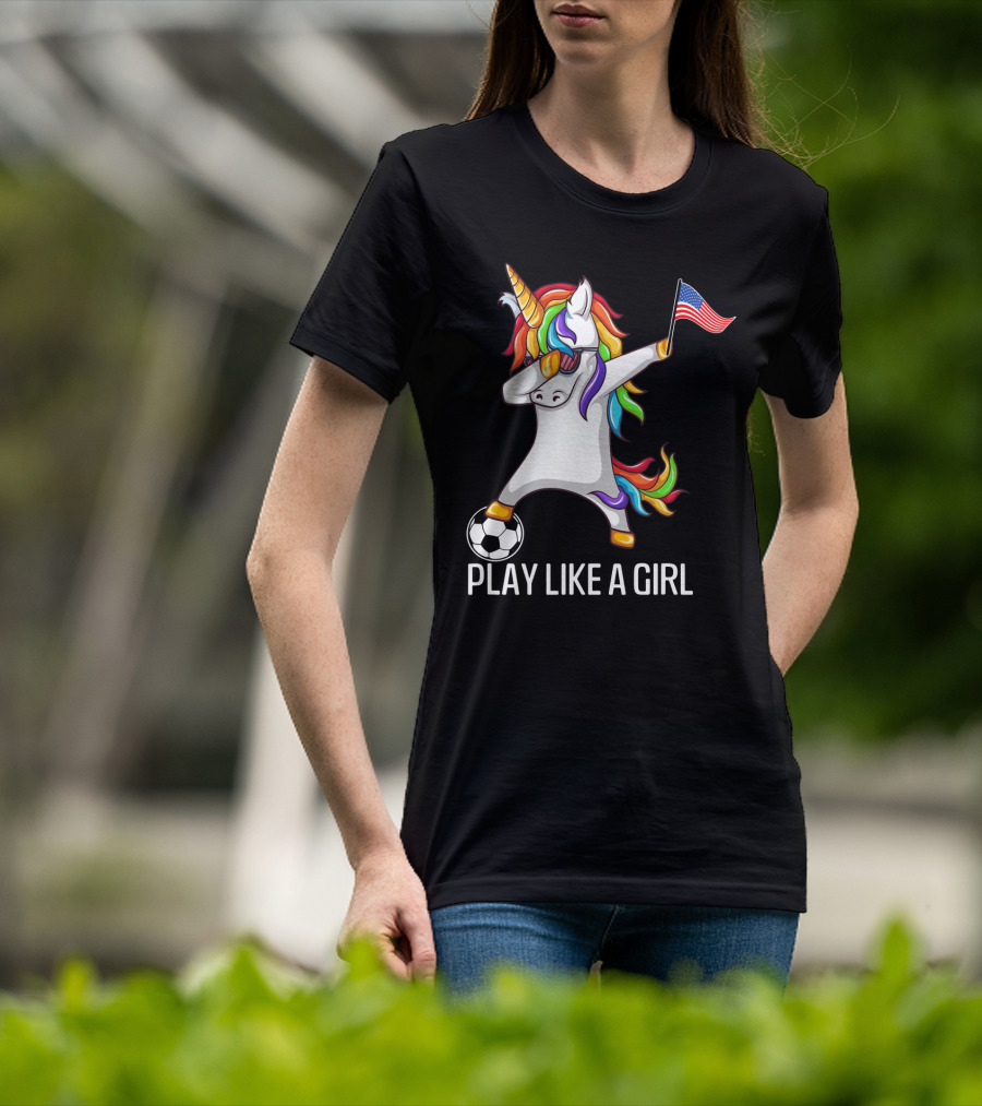 Dabbing Unicorn Play Like A Girl USA Soccer T-Shirt