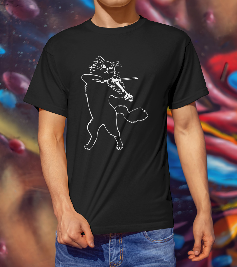 Fiddle Violin Cat Playing Musician Instrument Band Strings T-Shirt
