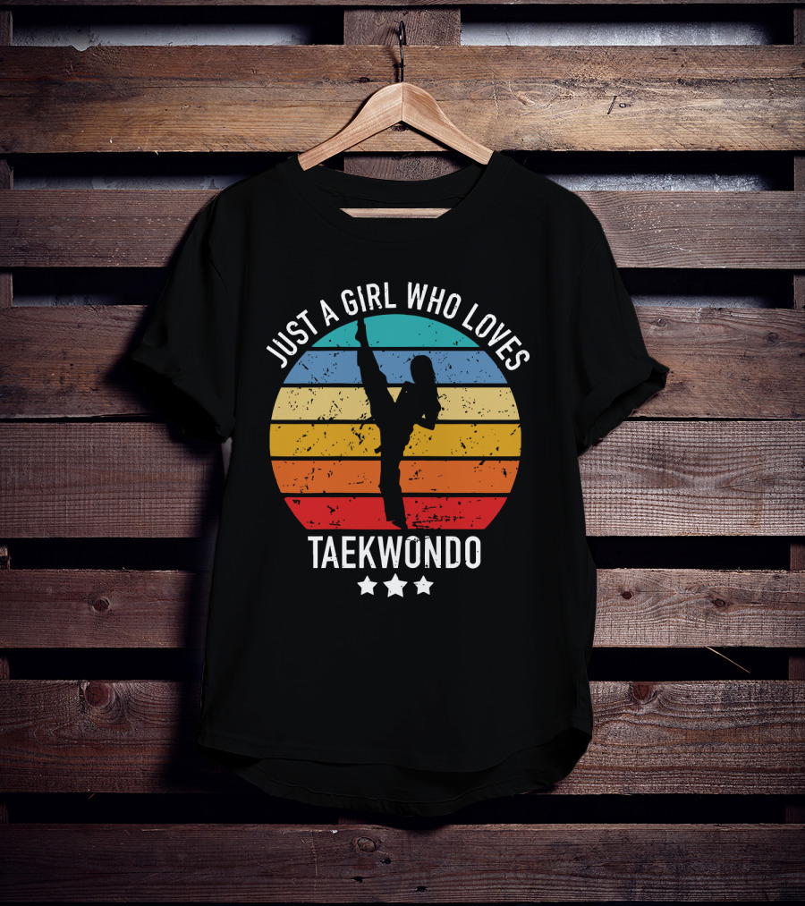 Just A Girl Who Loves Taekwondo Vintage Silhouette Rainbow Stripes T-Shirt