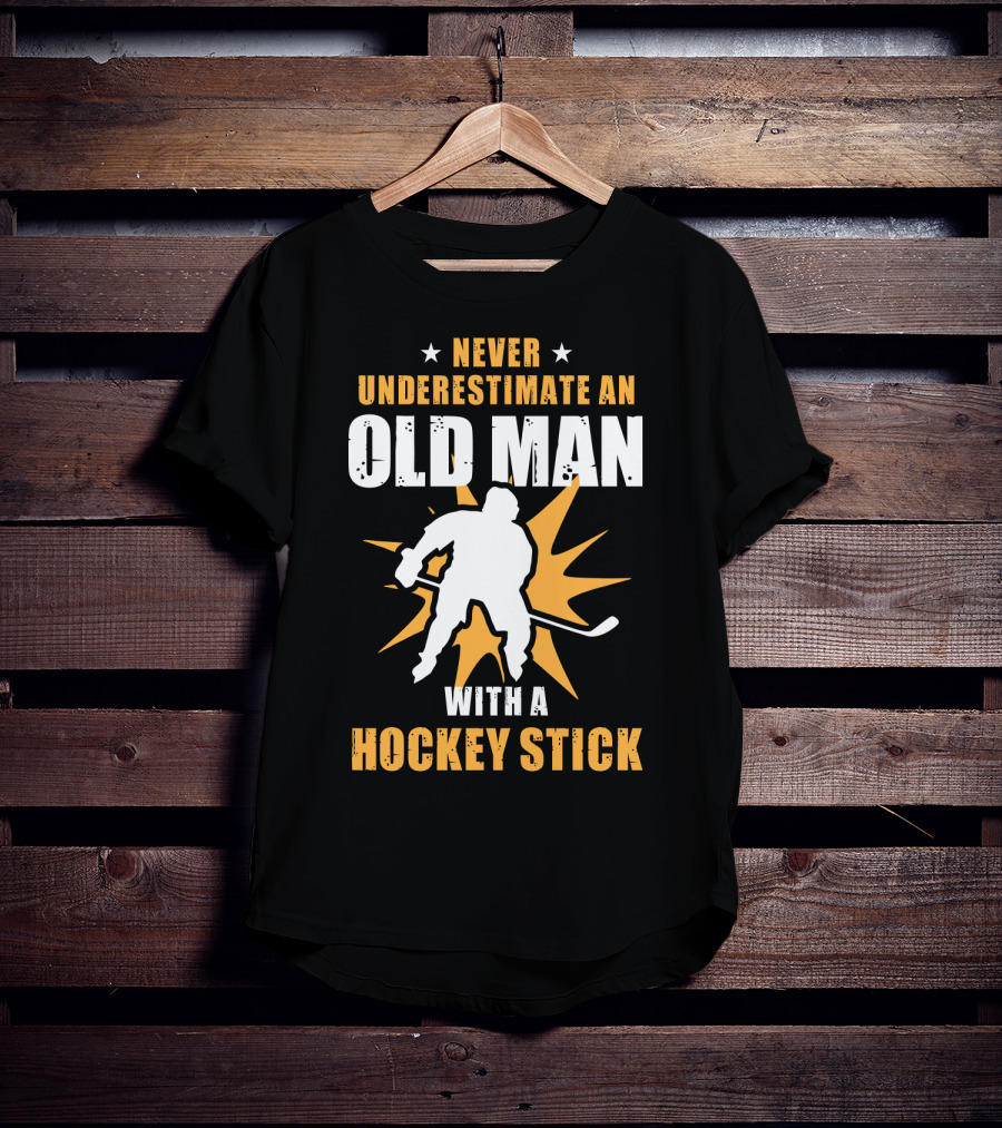 Never Underestimate An Old Man With A Hockey Stick Silhouette Starburst T-Shirt
