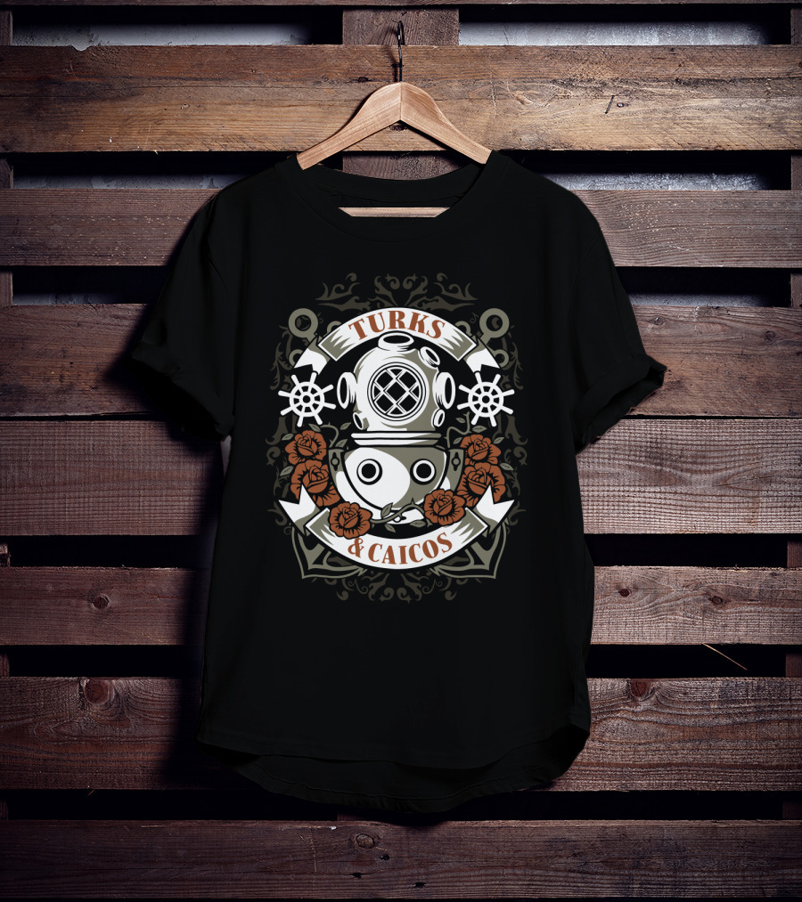 Turks And Caicos Vintage Dive Helmet Roses And Anchors T-Shirt