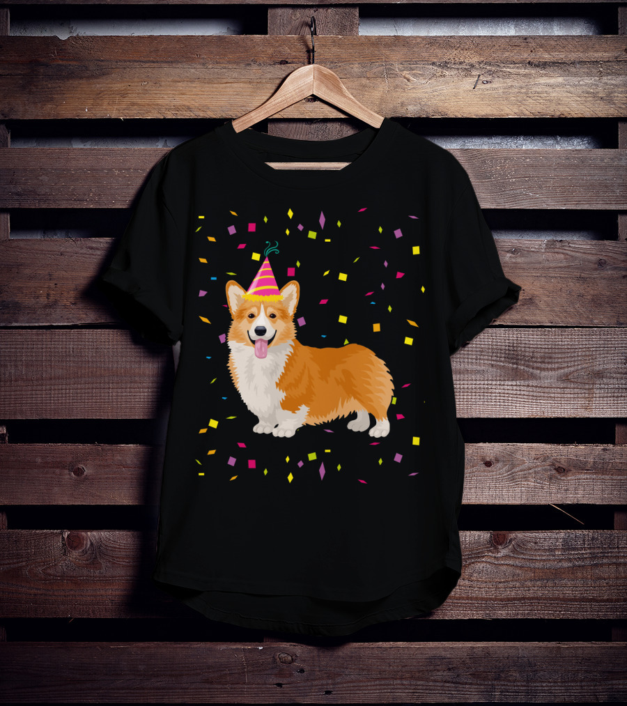 Welsh Corgi Birthday Party With Confetti And Party Hat T-Shirt