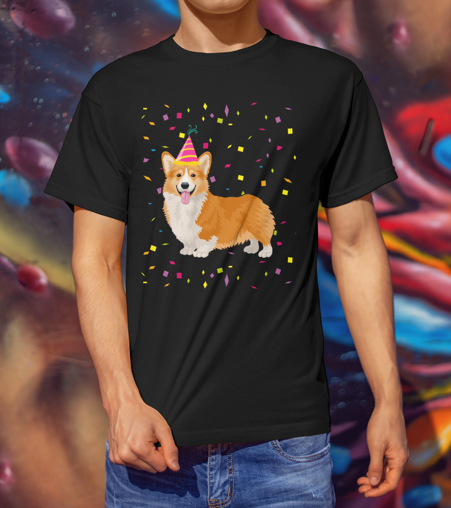 Welsh Corgi Birthday Party With Confetti And Party Hat T-Shirt