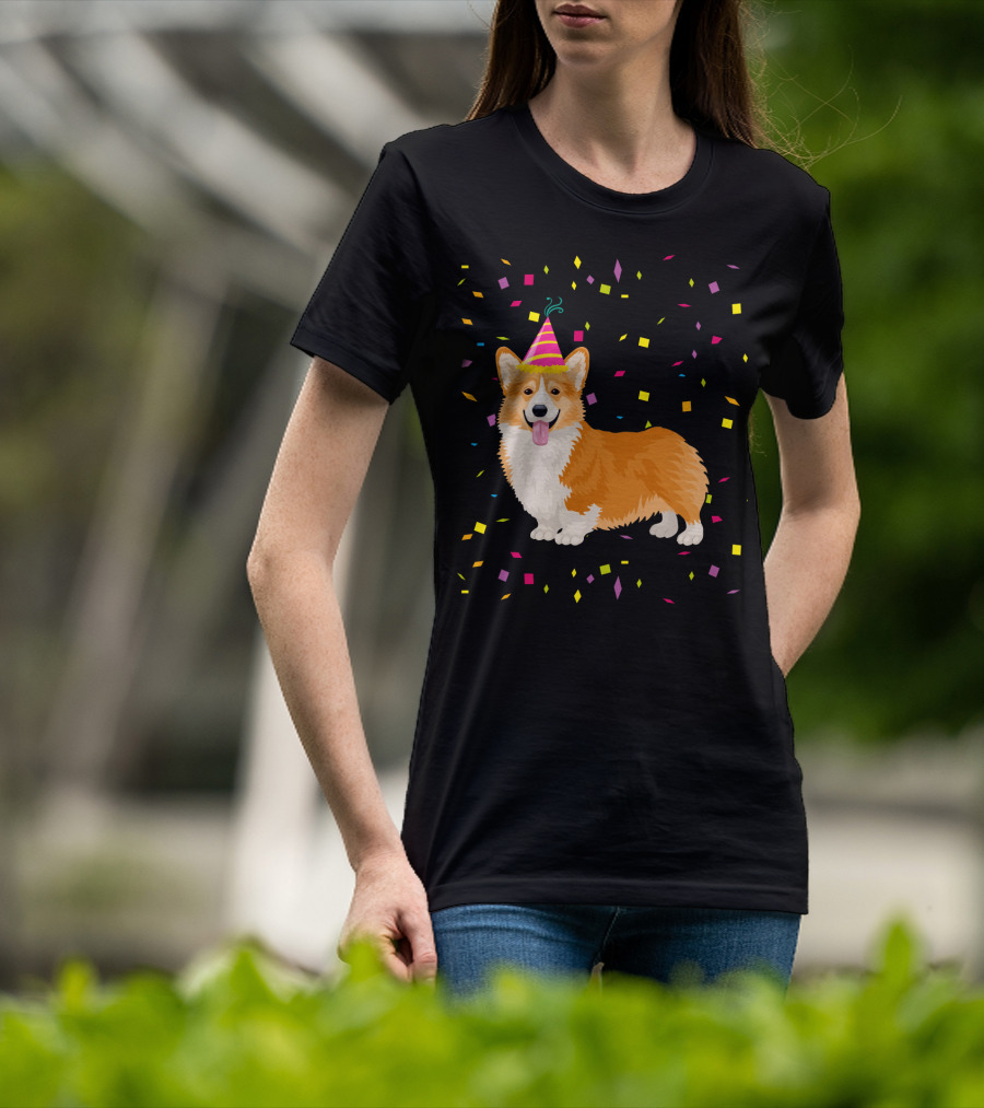 Welsh Corgi Birthday Party With Confetti And Party Hat T-Shirt