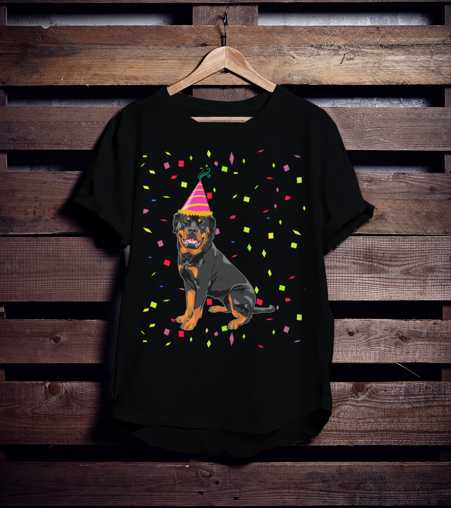 Funny Rottweiler Birthday Party Hat And Confetti T-Shirt