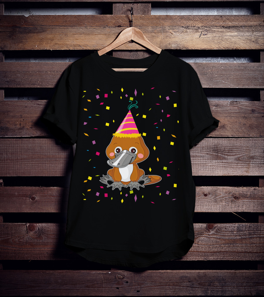 Funny Platypus With Party Hat And Confetti Celebration Birthday T-Shirt