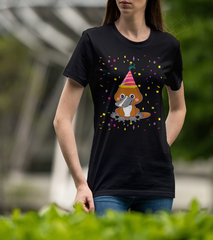 Funny Platypus With Party Hat And Confetti Celebration Birthday T-Shirt