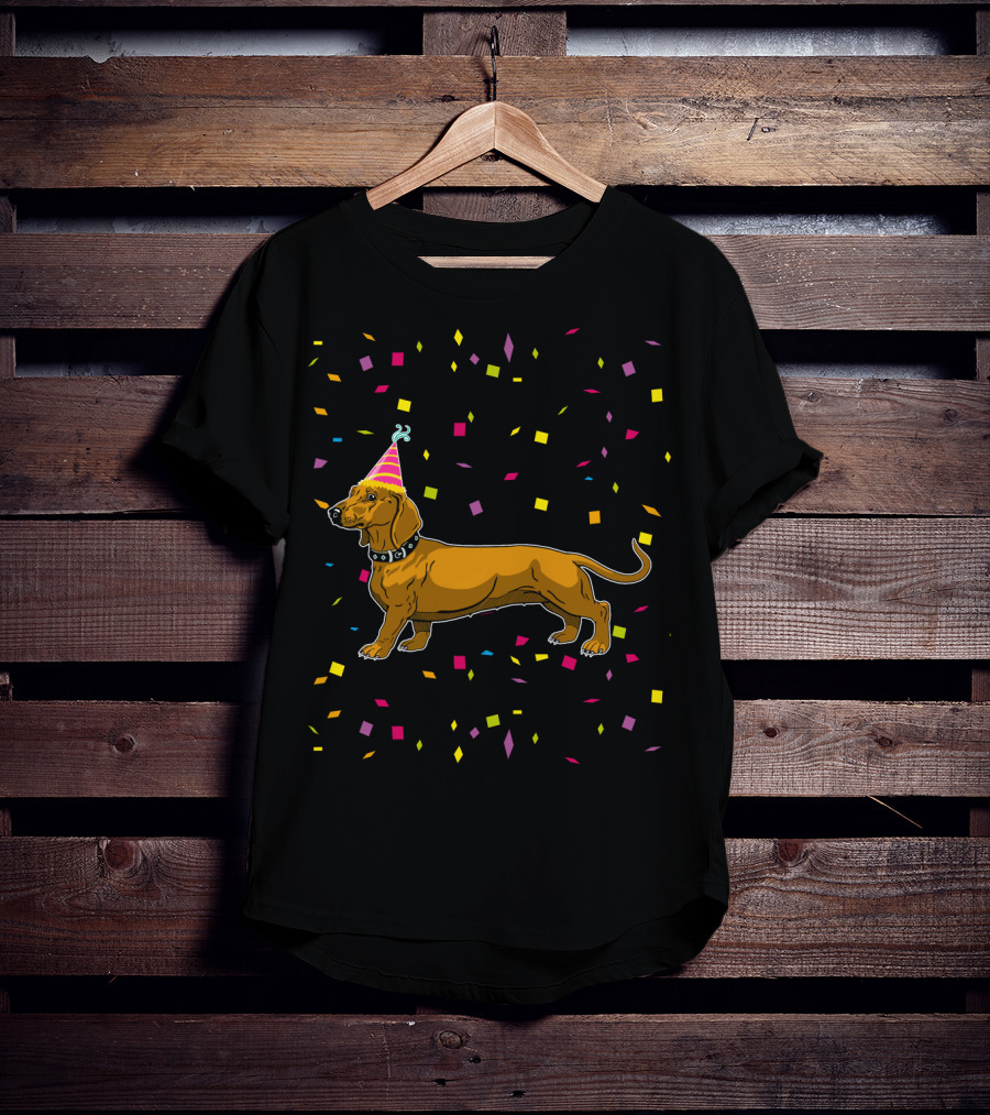 Funny Dachshund Birthday Party With Confetti And Party Hat T-Shirt