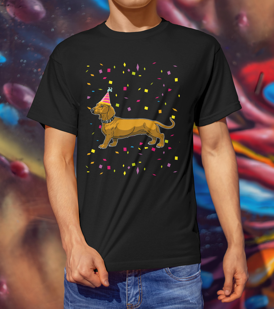 Funny Dachshund Birthday Party With Confetti And Party Hat T-Shirt