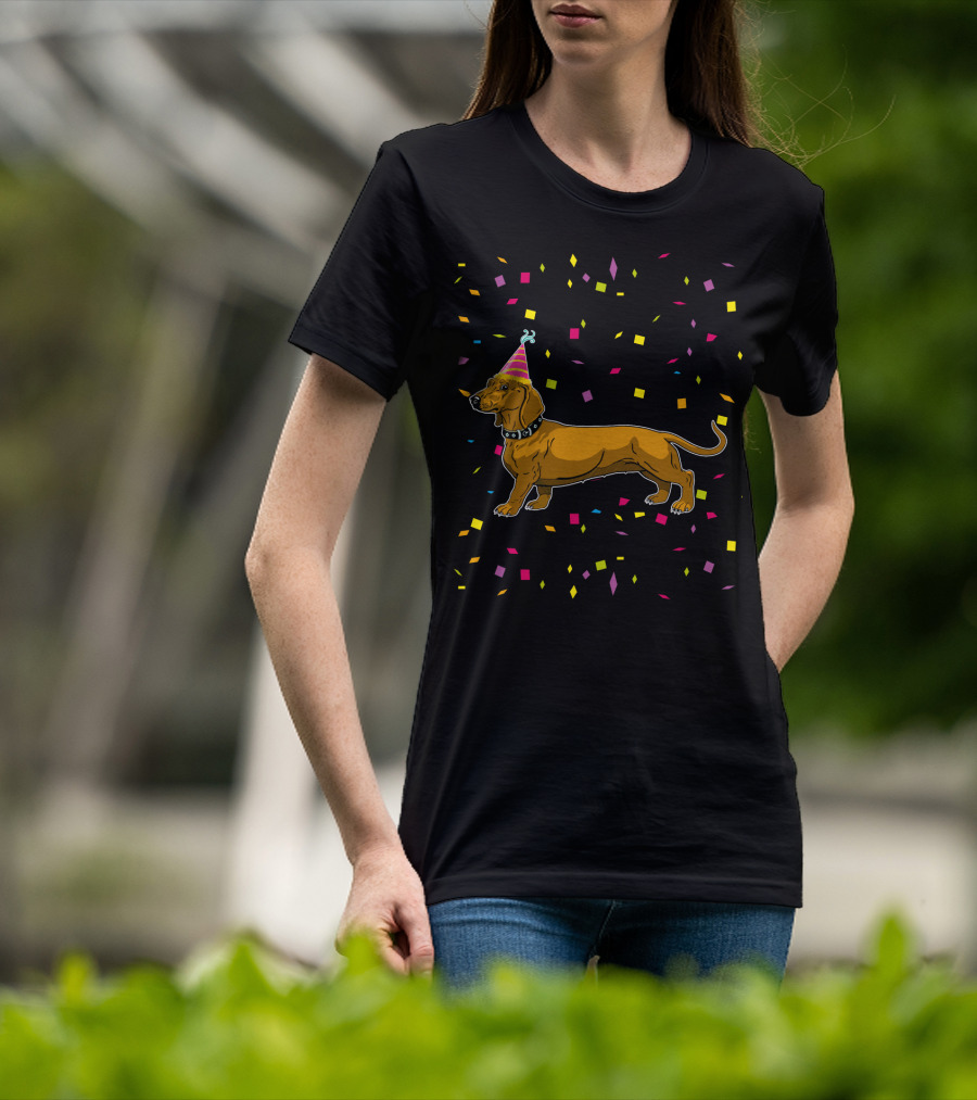 Funny Dachshund Birthday Party With Confetti And Party Hat T-Shirt
