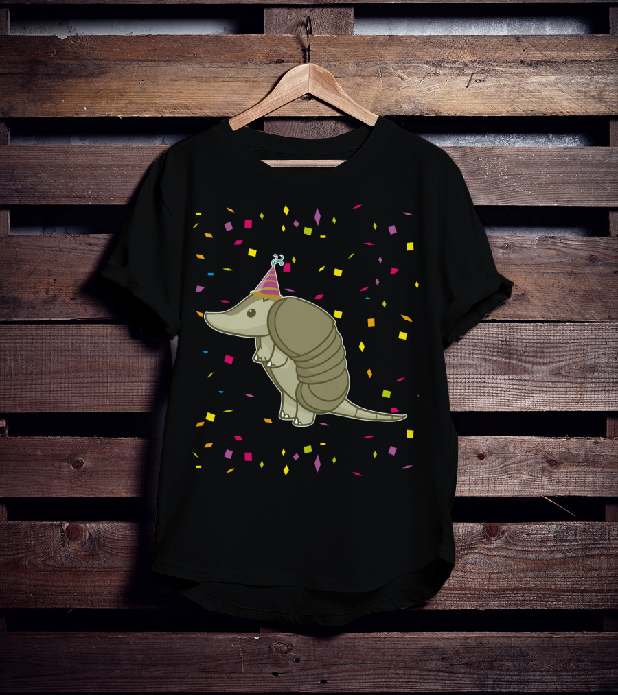 Funny Armadillo Birthday Celebration With Party Hat And Confetti T-Shirt