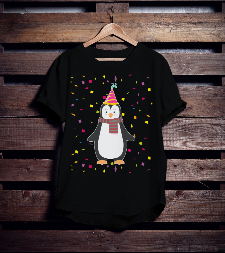 Funny Penguin Birthday Confetti Celebration With Party Hat And Scarf T-Shirt