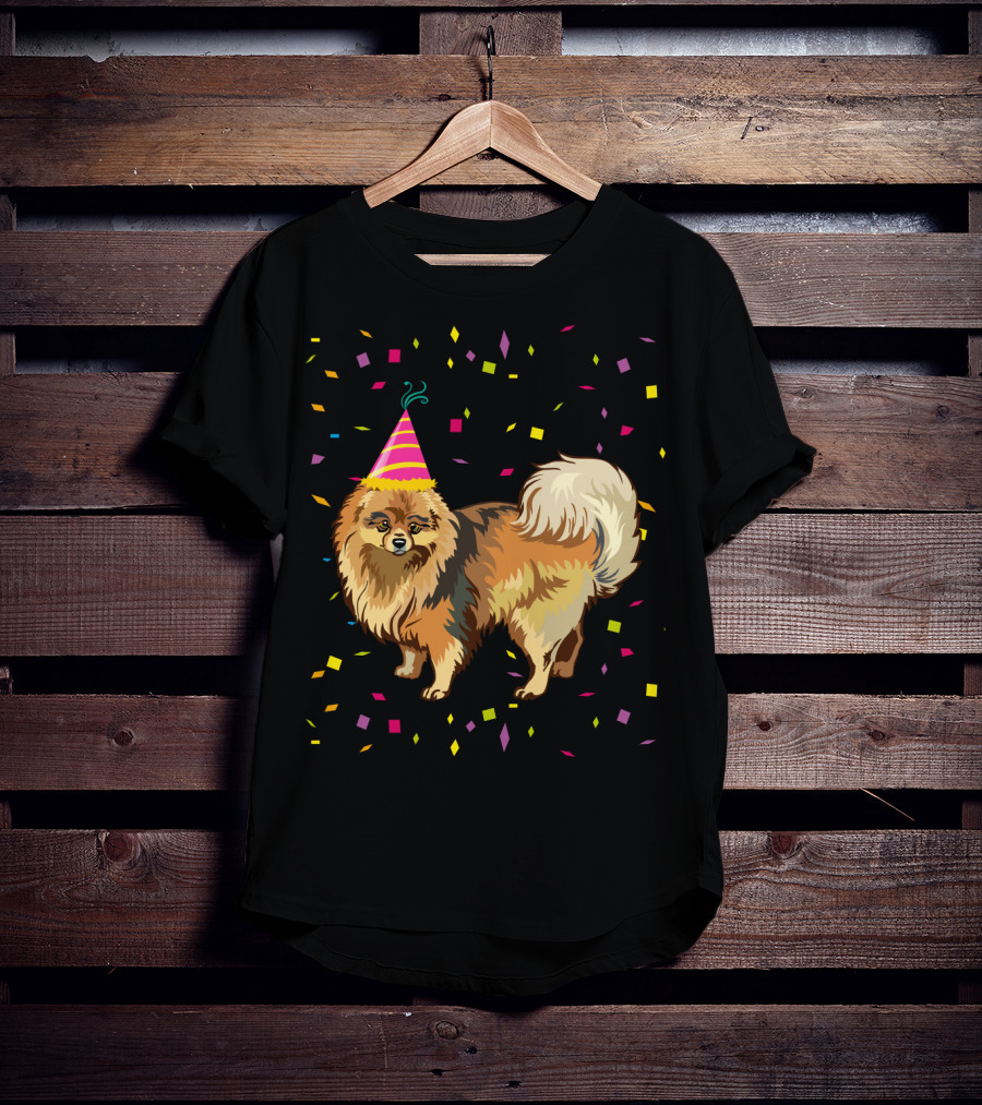 Pomeranian Birthday Party Funny Dog With Confetti And Party Hat T-Shirt