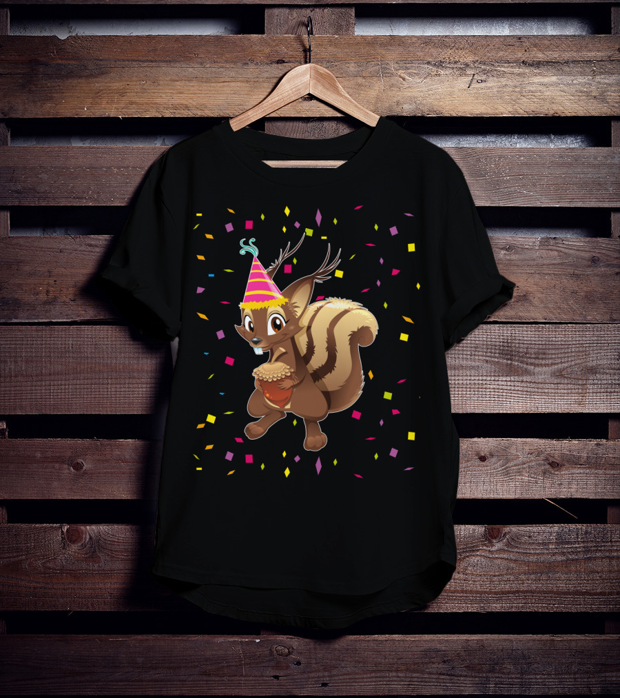 Funny Squirrel Party Hat Holding Acorn Birthday Confetti T-Shirt