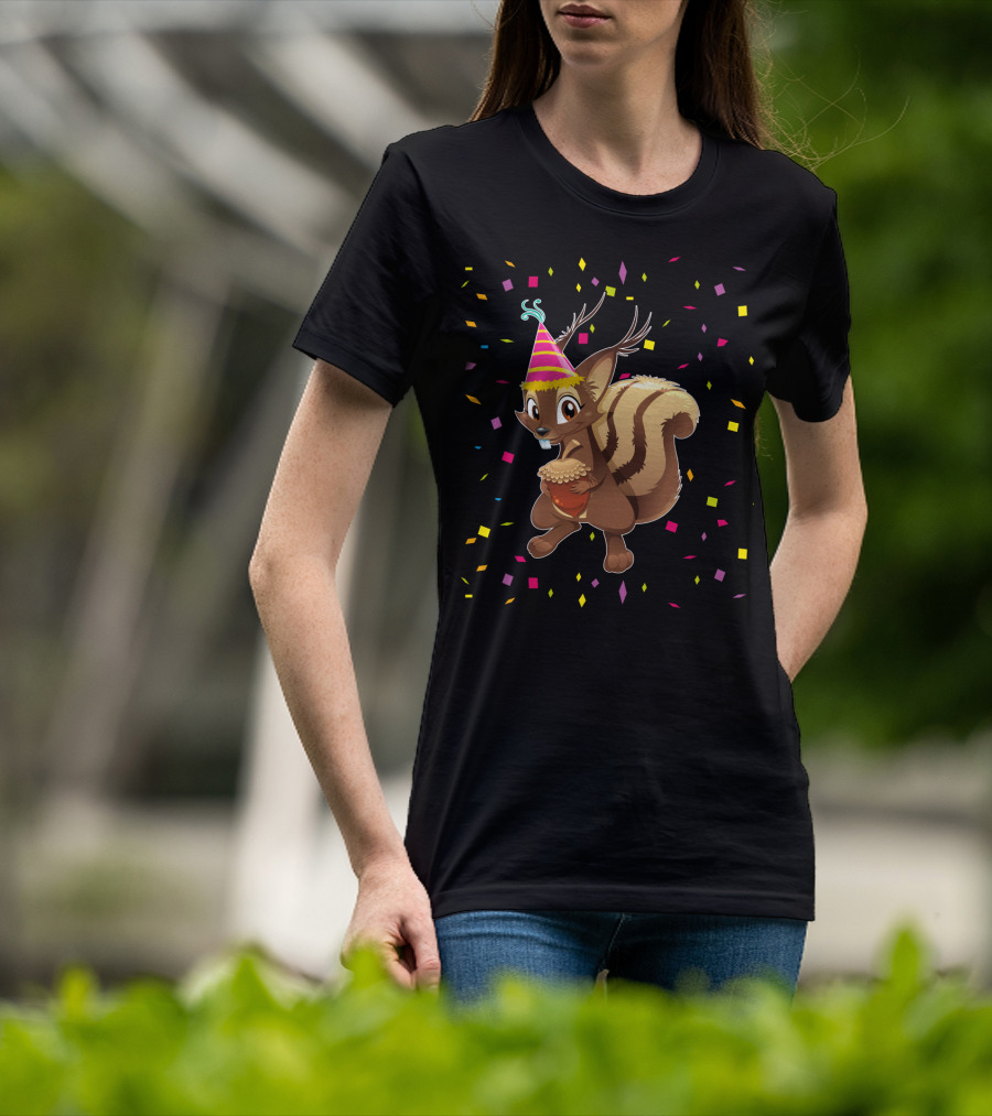 Funny Squirrel Party Hat Holding Acorn Birthday Confetti T-Shirt