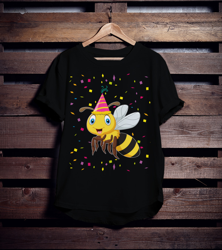 Funny Bee Birthday With Confetti And Party Hat T-Shirt
