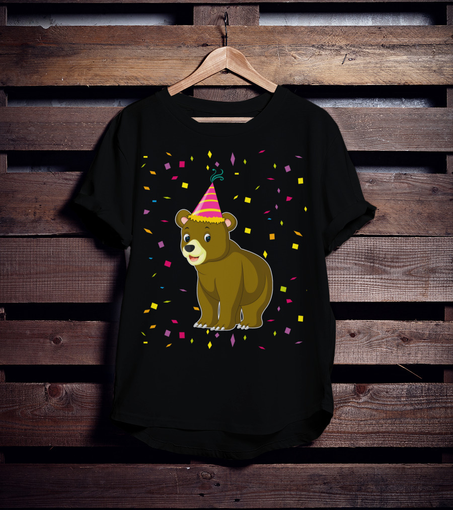 Funny Bear Birthday Party Hat Festive Confetti T-Shirt
