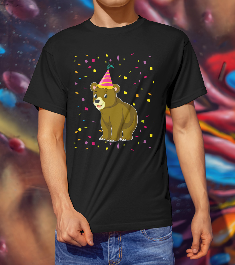 Funny Bear Birthday Party Hat Festive Confetti T-Shirt