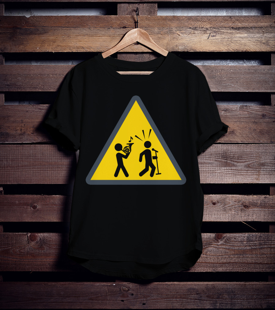 Funny French Horn Caution Sign With Musicians And Microphone T-Shirt