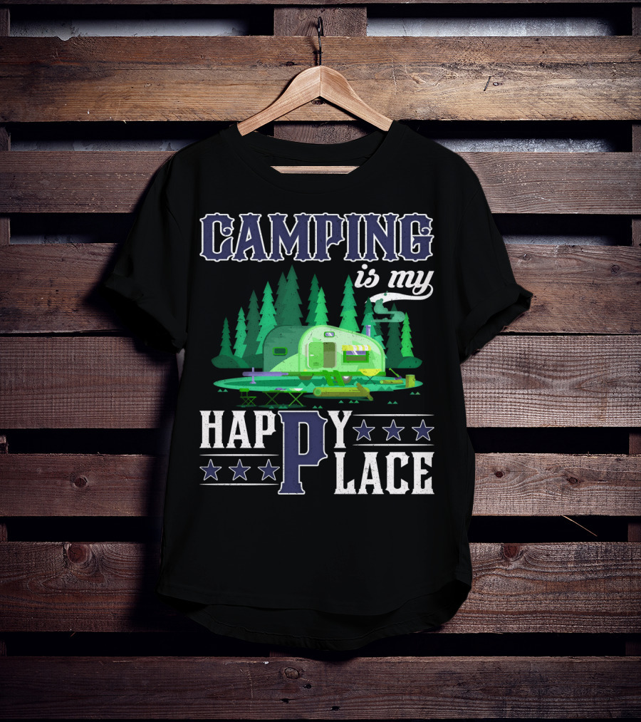 Camping Is My Happy Place Camper Forest Scene With Stars T-Shirt