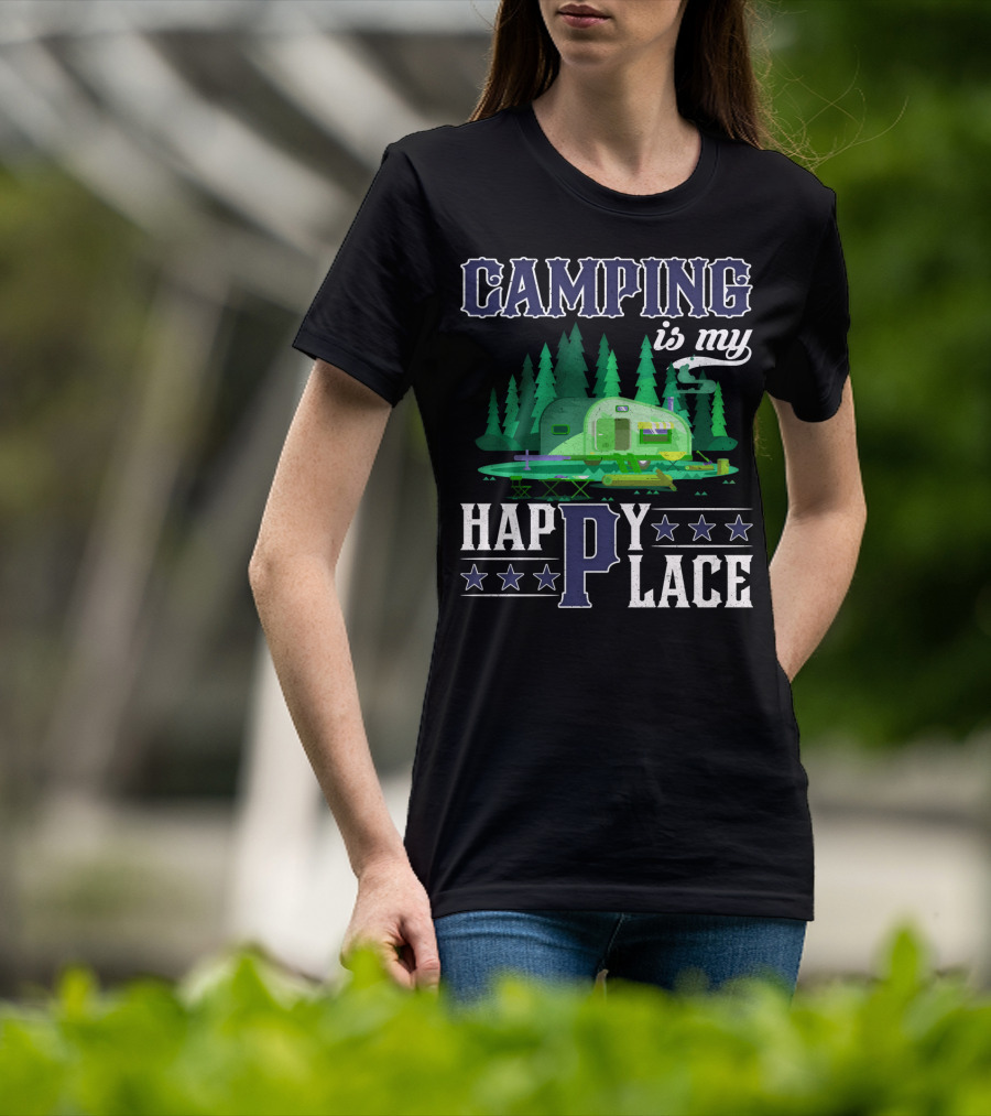 Camping Is My Happy Place Camper Forest Scene With Stars T-Shirt