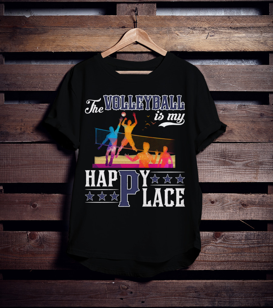 The Volleyball Is My Happy Place Colorful Players Action Scene T-Shirt