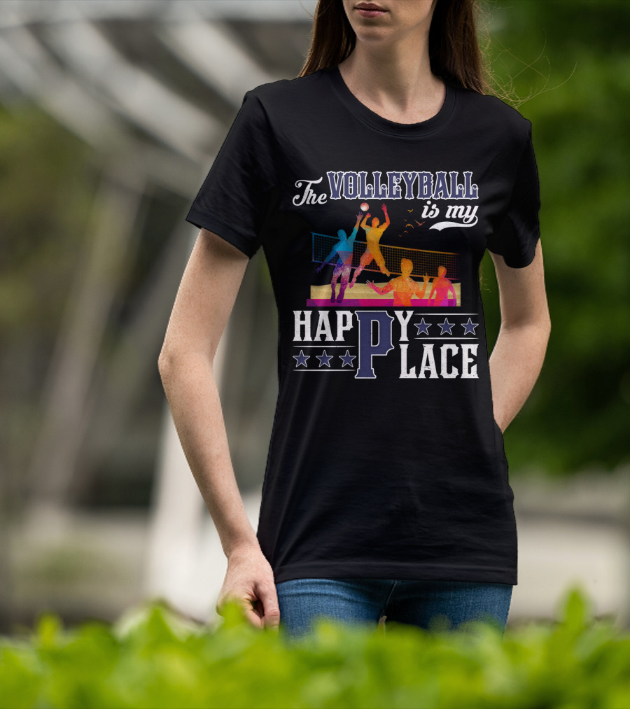 The Volleyball Is My Happy Place Colorful Players Action Scene T-Shirt