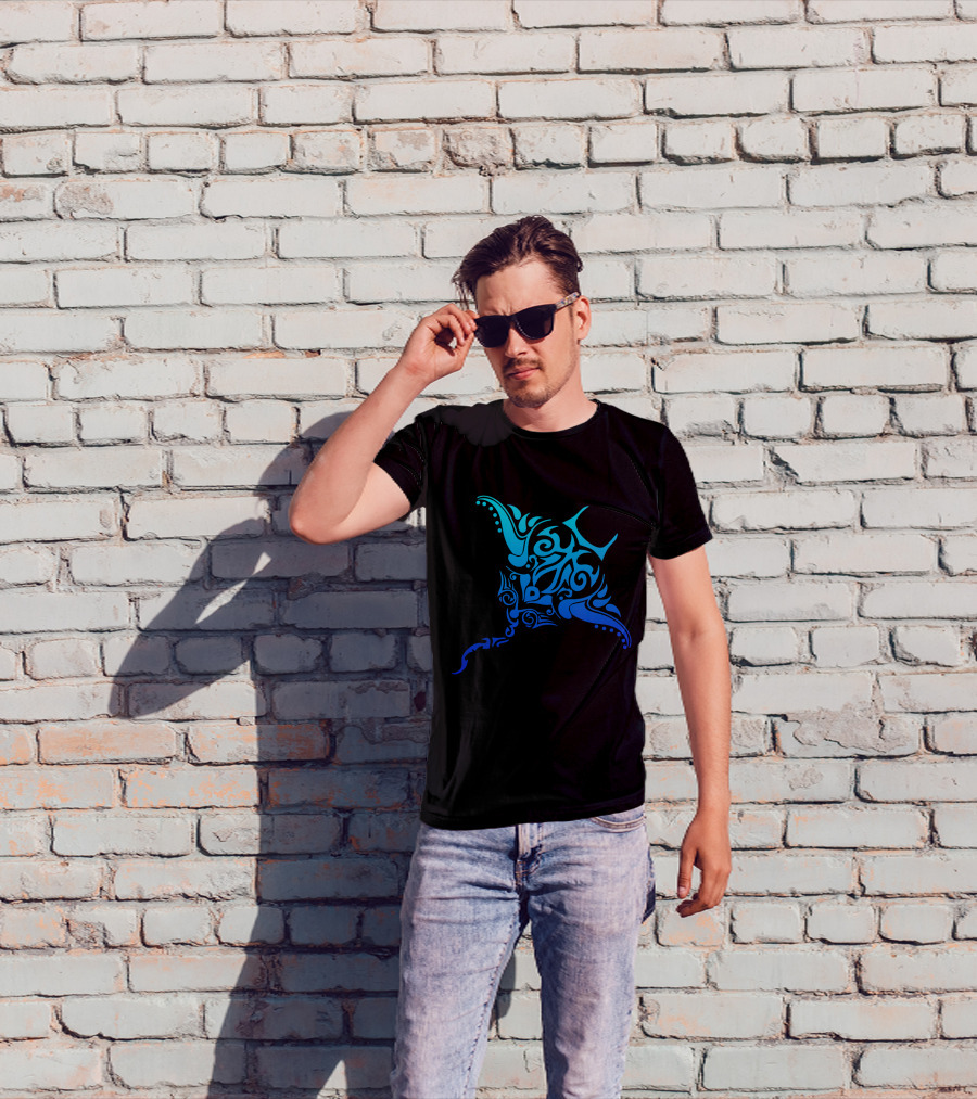 Hawaiian Tribal Stingray Polynesian Tattoo Style Blue T-Shirt