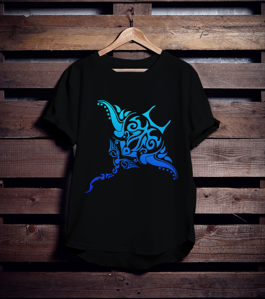 Hawaiian Tribal Stingray Polynesian Tattoo Style Blue T-Shirt