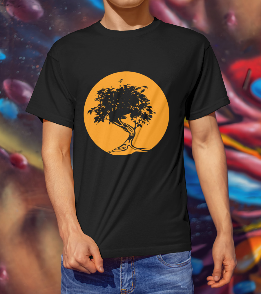 Bonsai Japan Yin Yang Monk Tree Silhouette Circle T-Shirt