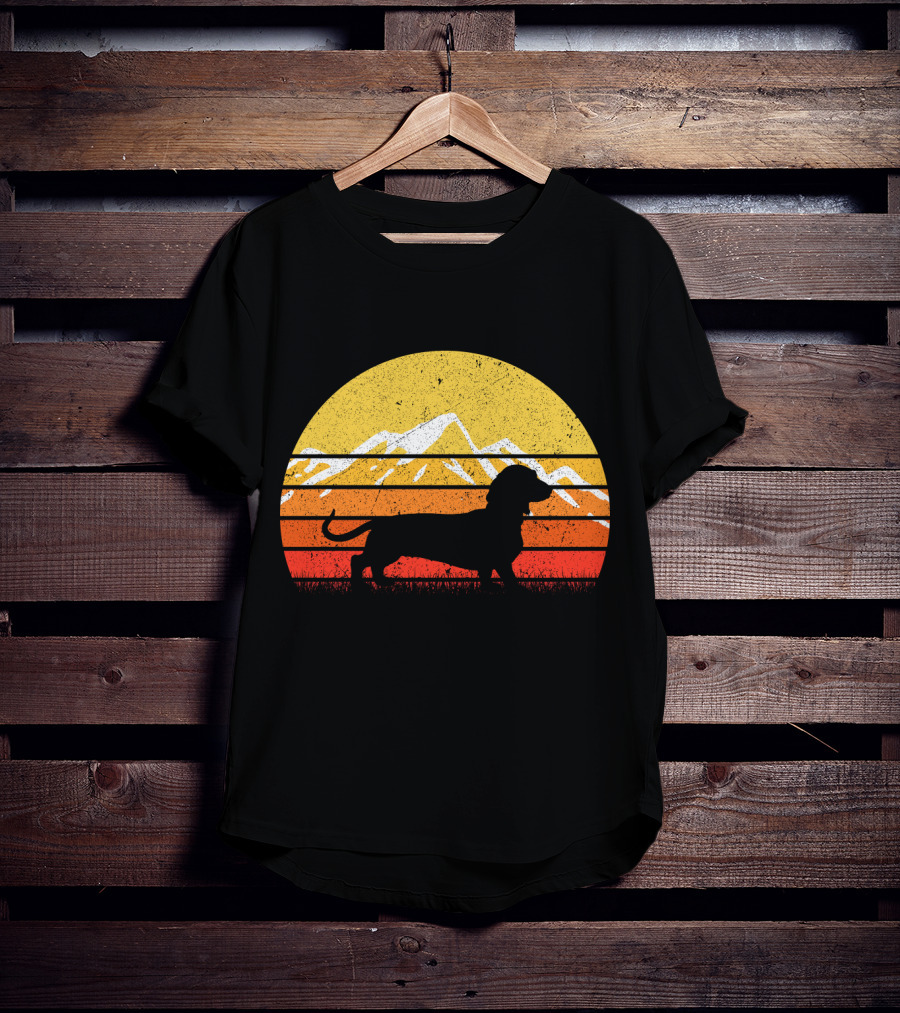 Retro Vintage Dachshund Dog Silhouette Sunset Mountains T-Shirt