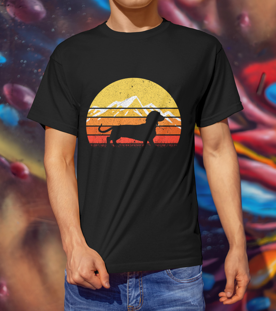 Retro Vintage Dachshund Dog Silhouette Sunset Mountains T-Shirt