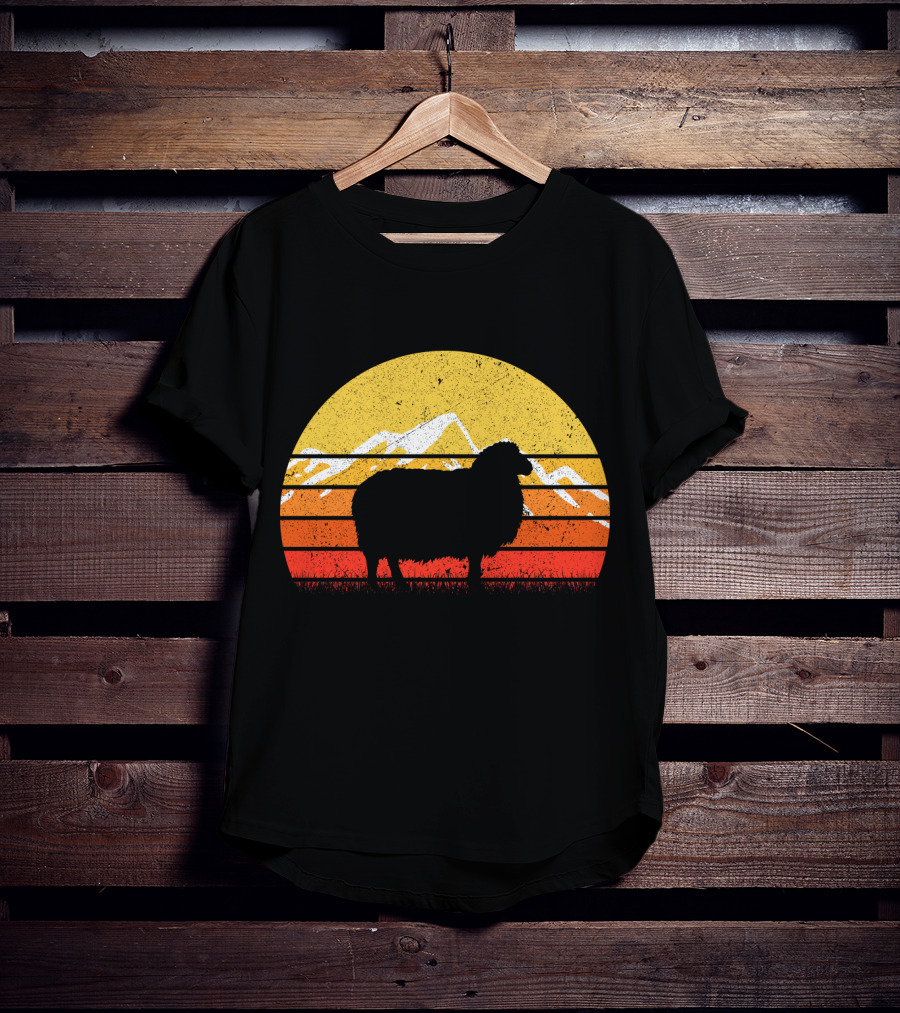 Retro Vintage Sheep Sunset With Mountains T-Shirt