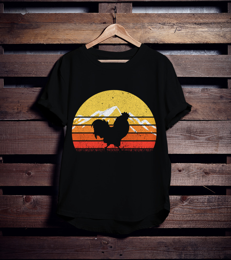 Retro Vintage Chicken Silhouette Sunset With Mountain Background T-Shirt