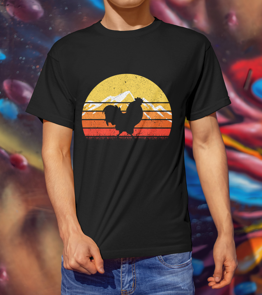 Retro Vintage Chicken Silhouette Sunset With Mountain Background T-Shirt
