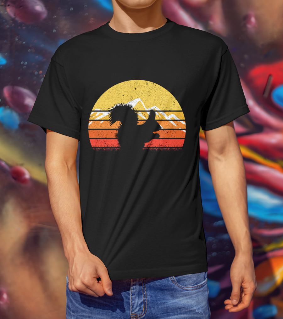 Retro Vintage Squirrel Sunset Silhouette With Mountains T-Shirt