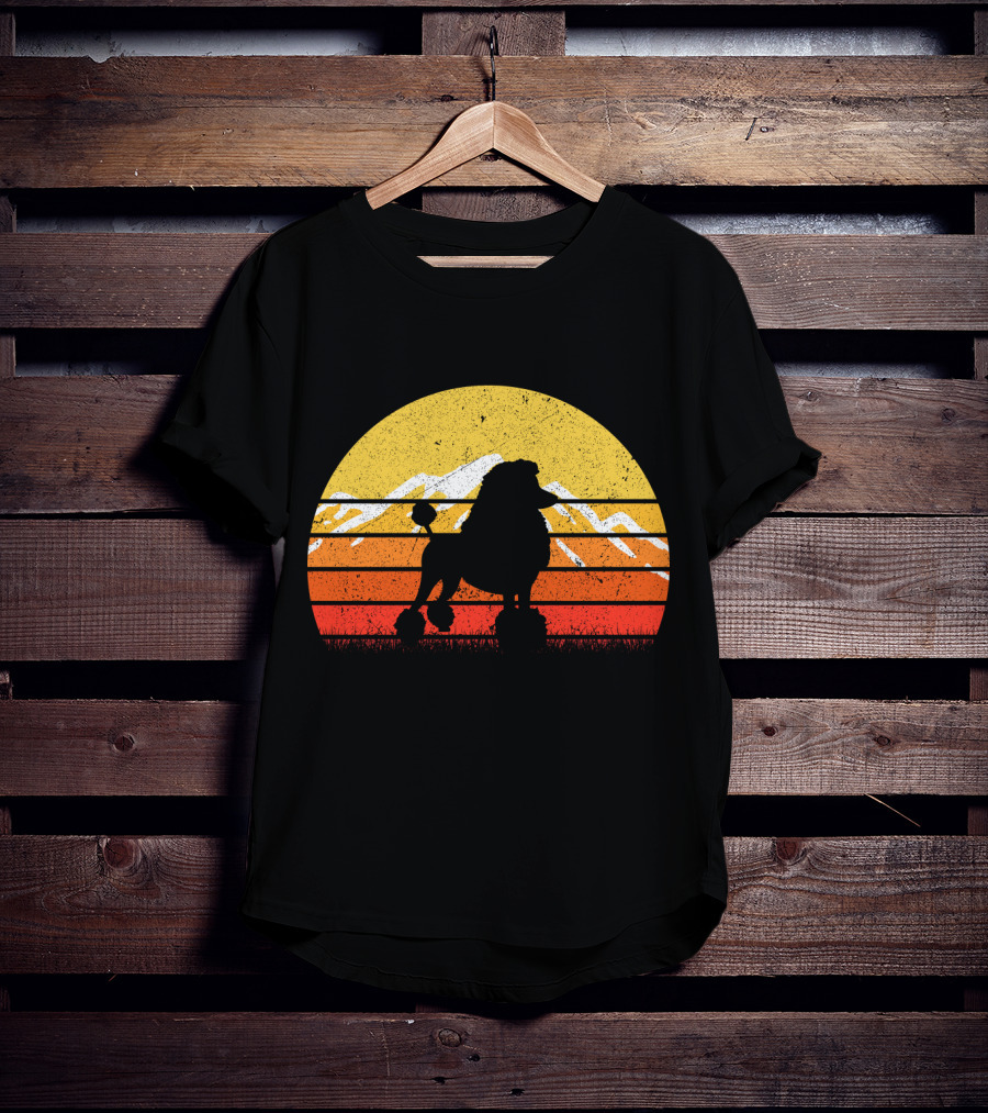 Retro Vintage Poodle Dog Sunset Silhouette With Mountains And Stripes T-Shirt