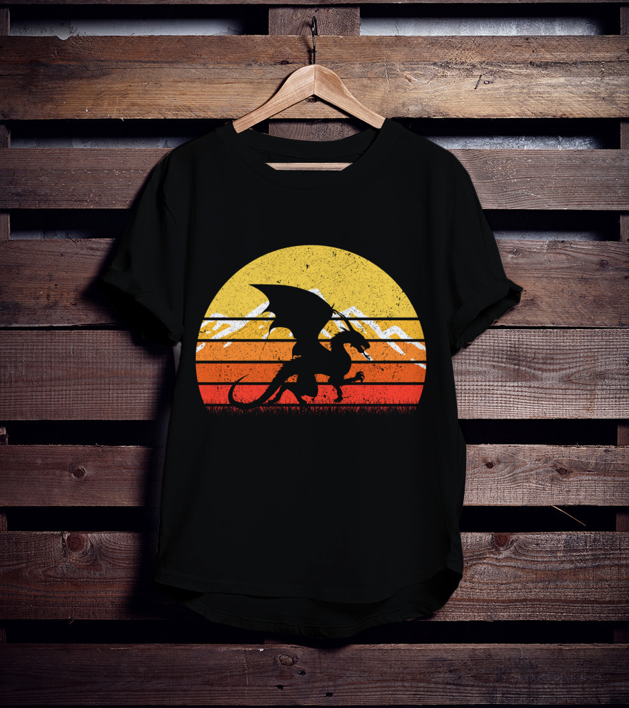 Retro Vintage Dragon With Silhouette And Sunset Mountains T-Shirt