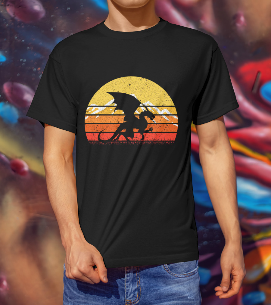 Retro Vintage Dragon With Silhouette And Sunset Mountains T-Shirt