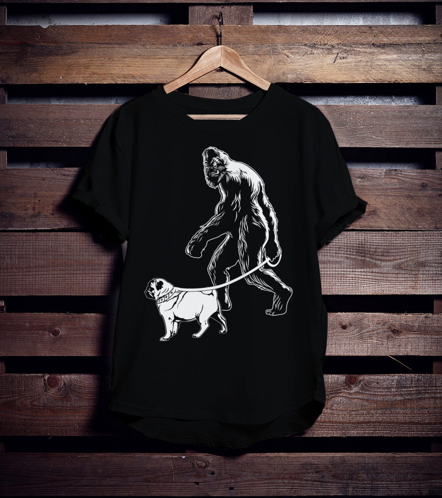 Bigfoot Walking A Pug Dog T-Shirt