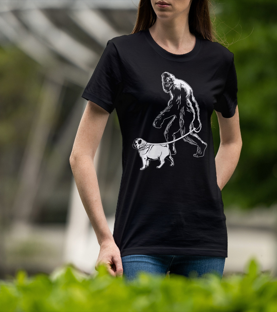 Bigfoot Walking A Pug Dog T-Shirt