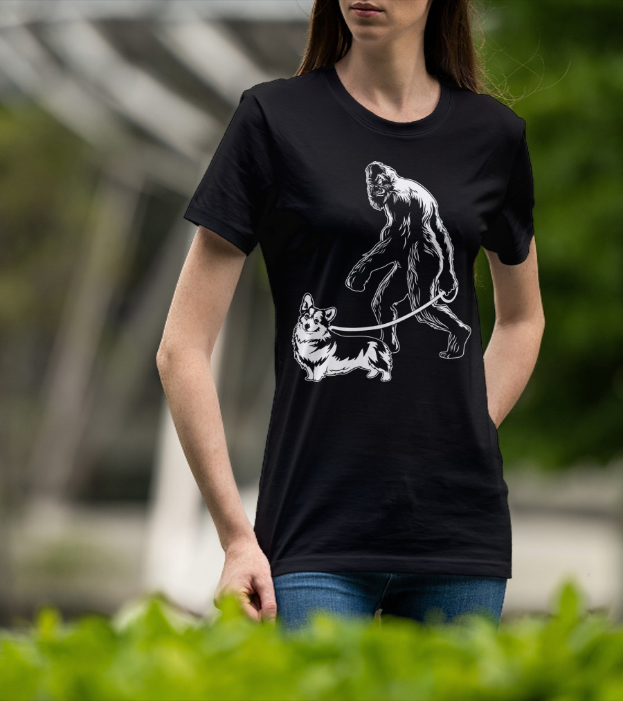 Bigfoot Walking Corgi Dog T-Shirt