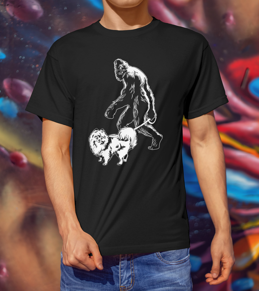 Bigfoot Walking Pomeranian Dog T-Shirt