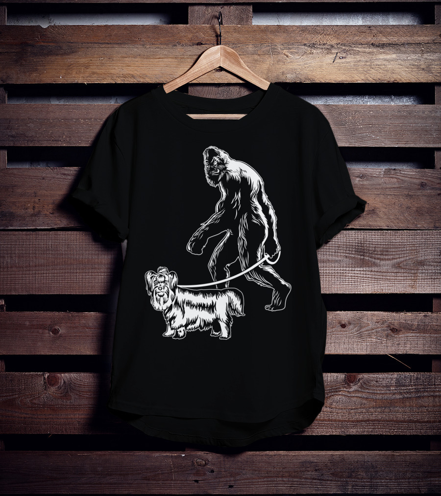 Bigfoot Walking A Yorkie Dog T-Shirt