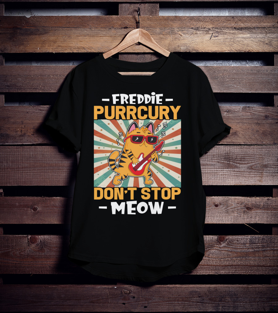 Freddie Purrcury Don't Stop Meow Cat With Guitar Retro Music Vibes T-Shirt