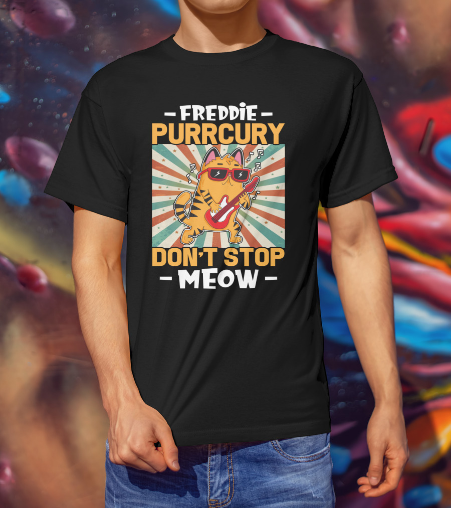 Freddie Purrcury Don't Stop Meow Cat With Guitar Retro Music Vibes T-Shirt