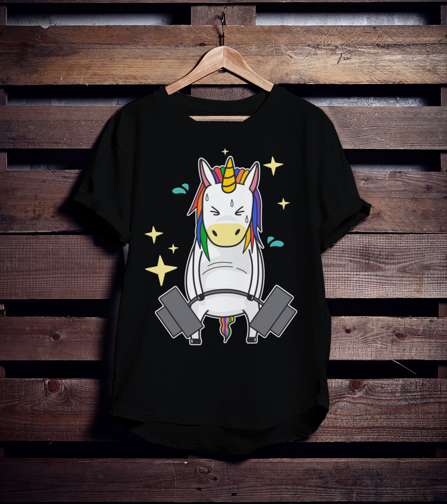 Unicorn Weightlifting Fitness Gym Sweat Rainbow Mane Stars T-Shirt